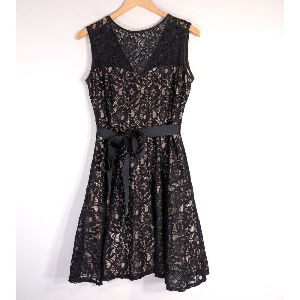 Betsy & Adam Black Lace Dress; Fit and Flare Sleeveless Cocktail Party